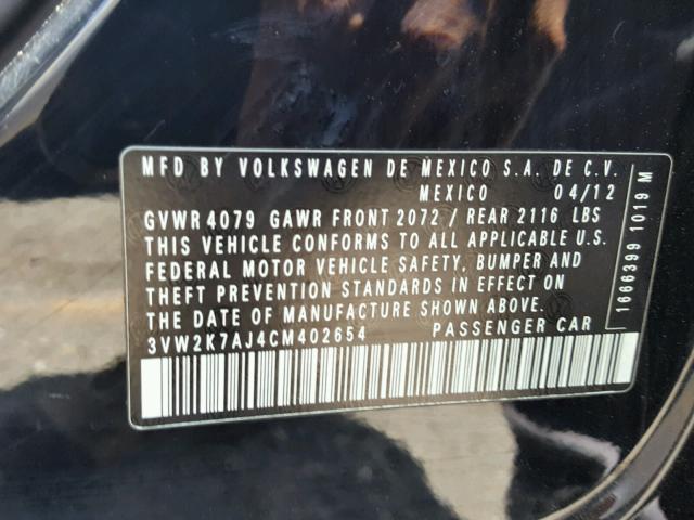 3VW2K7AJ4CM402654 - 2012 VOLKSWAGEN JETTA BASE 黑色 照片 10