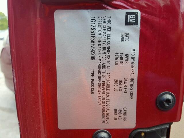 1G1ZS51F36F292209 - 2006 CHEVROLET MALIBU LS كستنائي صورة 10