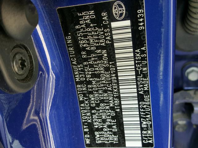 4T1BF1FKXFU941071 - 2015 TOYOTA CAMRY LE ლურჯი ფოტო 10