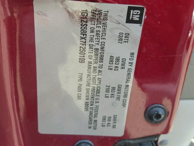 1G1ZS58FX7F250109 - 2007 CHEVROLET MALIBU LS წითელი ფოტო 10