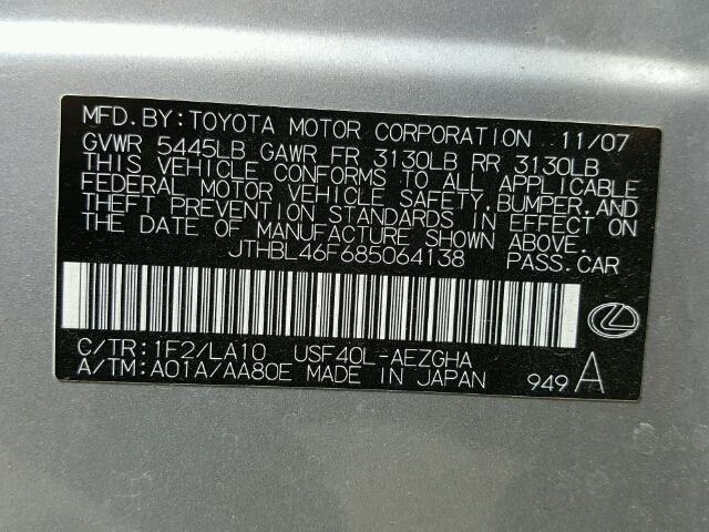 JTHBL46F685064138 - 2008 LEXUS LS 460 SILVER photo 10