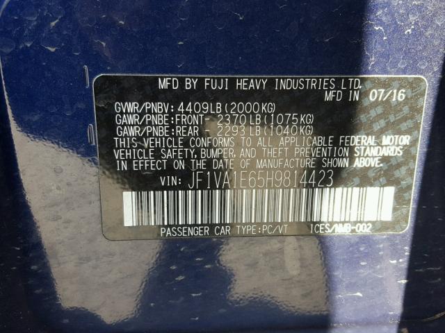 JF1VA1E65H9814423 - 2017 SUBARU WRX PREMIU BLUE photo 10