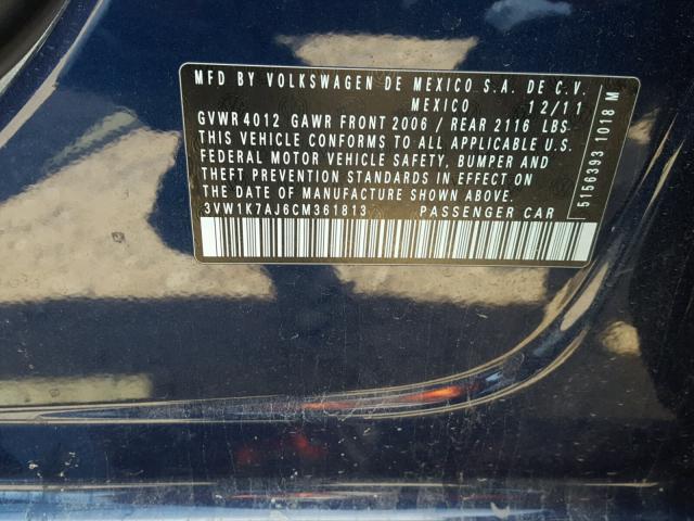 3VW1K7AJ6CM361813 - 2012 VOLKSWAGEN JETTA BASE BLUE photo 10