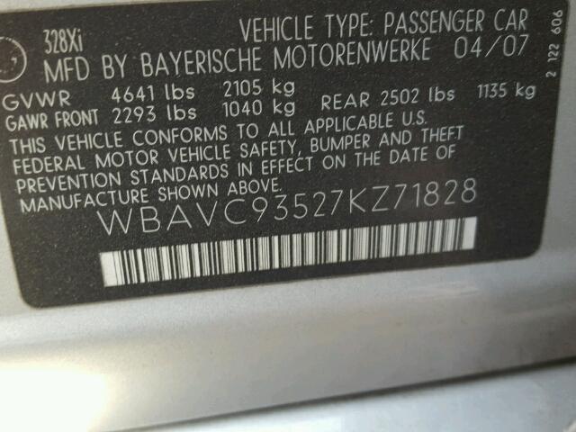 WBAVC93527KZ71828 - 2007 BMW 328XI SILVER photo 10