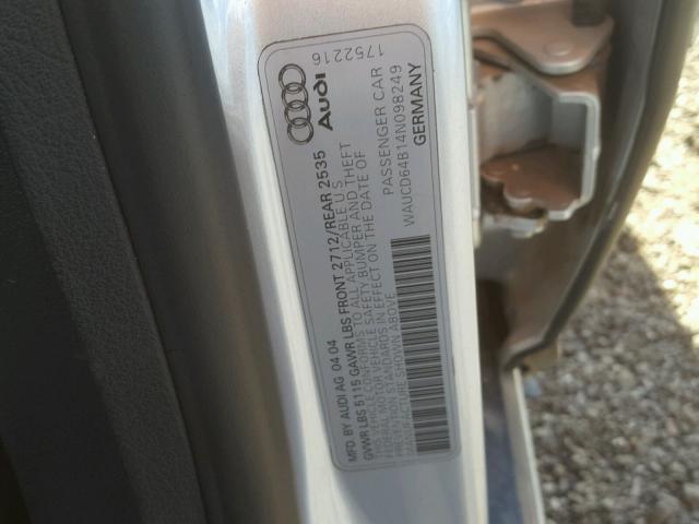 WAUCD64B14N098249 - 2004 AUDI A6 S-LINE SILVER photo 10