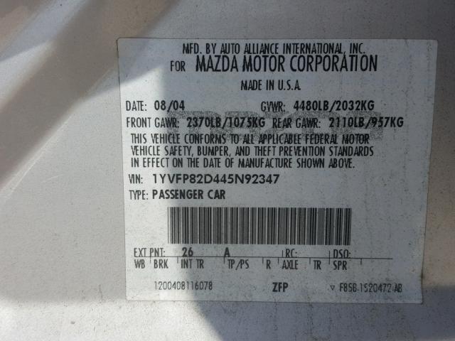 1YVFP82D445N92347 - 2004 MAZDA 6 S SILVER photo 10