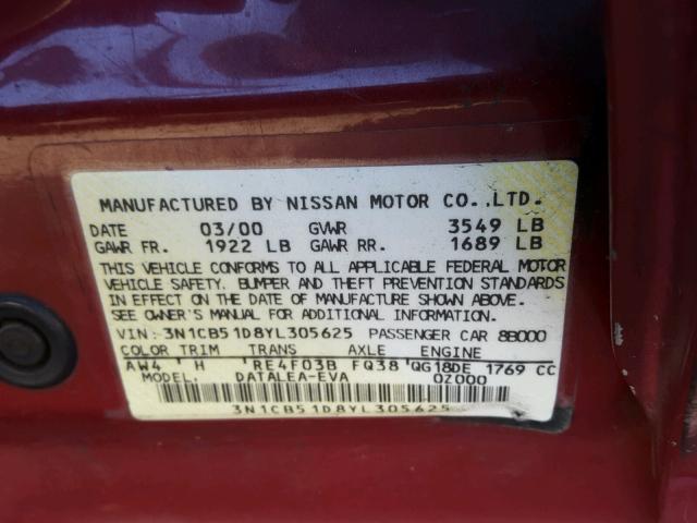 3N1CB51D8YL305625 - 2000 NISSAN SENTRA BAS MAROON photo 10