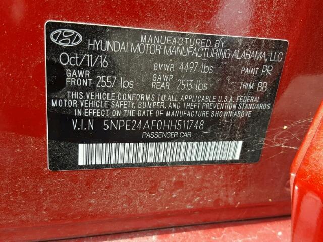 5NPE24AF0HH511748 - 2017 HYUNDAI SONATA SE RED photo 10