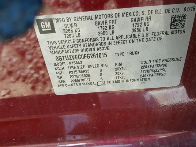 3GTU2VEC0FG261015 - 2015 GMC SIERRA K15 BURGUNDY photo 10