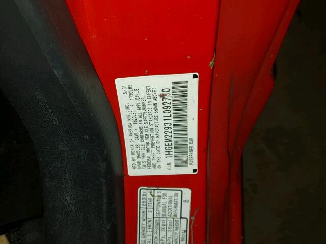 1HGEM22931L092790 - 2001 HONDA CIVIC EX RED photo 10