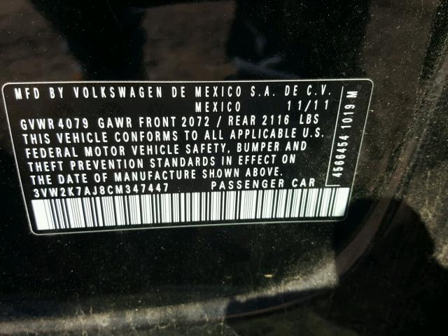3VW2K7AJ8CM347447 - 2012 VOLKSWAGEN JETTA BASE Սև լուսանկար 10