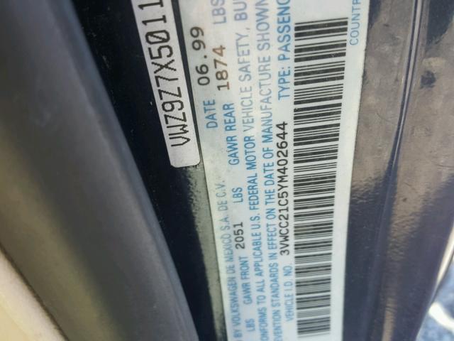 3VWCC21C5YM402644 - 2000 VOLKSWAGEN NEW BEETLE 蓝色 照片 10