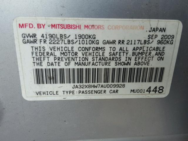 JA32X8HW7AU009928 - 2010 MITSUBISHI LANCER GTS SILVER photo 10