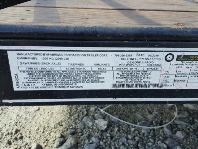 4YMUL1014GG051619 - 2016 UTILITY TRAILER BLACK photo 10