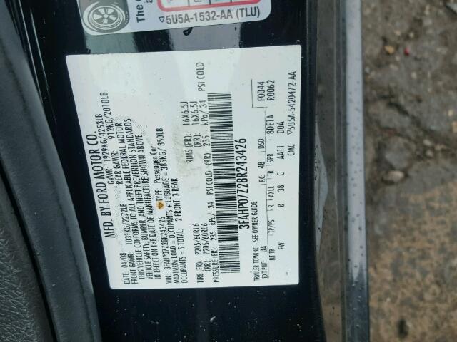 3FAHP07Z28R243426 - 2008 FORD FUSION BLACK photo 10