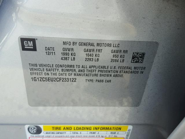 1G1ZC5EU2CF233122 - 2012 CHEVROLET MALIBU 1LT ვერცხლისფერი ფოტო 10