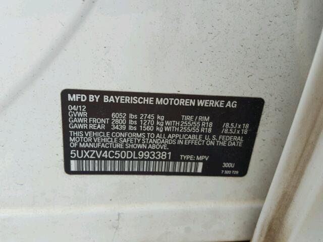 5UXZV4C50DL993381 - 2013 BMW X5 XDRIVE3 WHITE photo 10