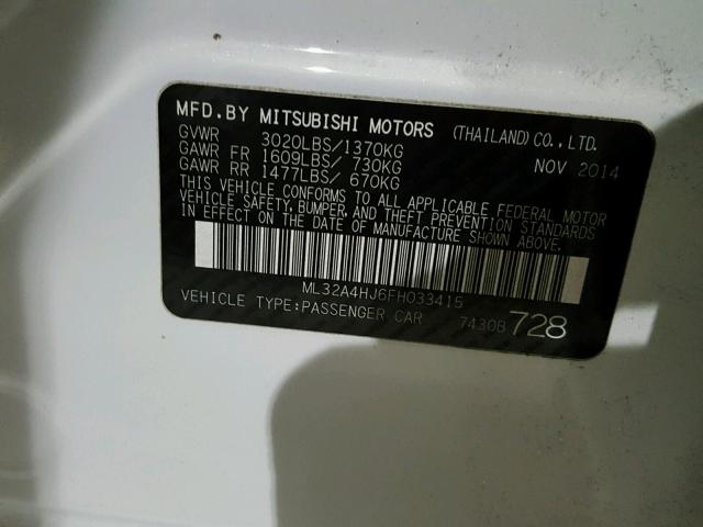 ML32A4HJ6FH033415 - 2015 MITSUBISHI MIRAGE ES WHITE photo 10