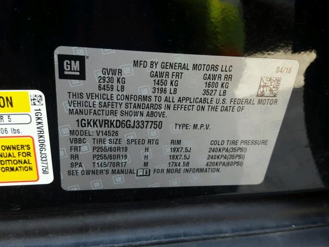 1GKKVRKD6GJ337750 - 2016 GMC ACADIA SLT შავი ფოტო 10