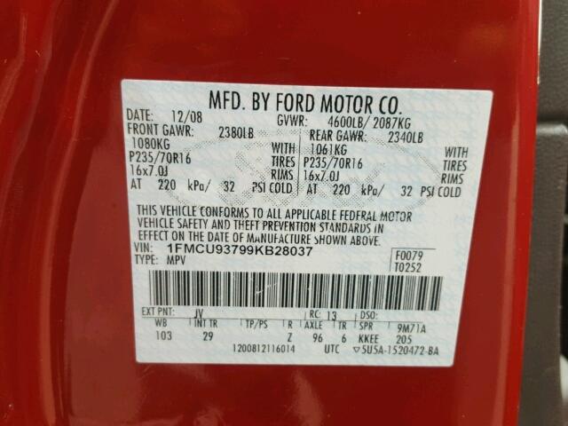 1FMCU93799KB28037 - 2009 FORD ESCAPE XLT RED photo 10