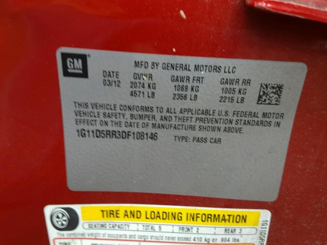 1G11D5RR3DF108146 - 2013 CHEVROLET MALIBU 1LT 红色 照片 10