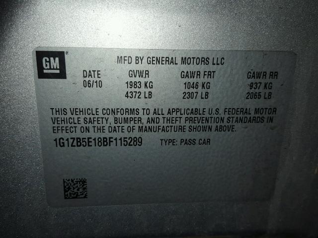 1G1ZB5E18BF115289 - 2011 CHEVROLET MALIBU LS Gümüş foto 10