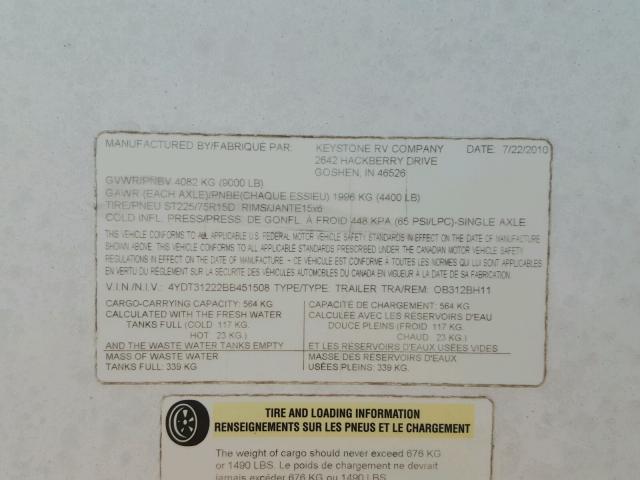 4YDT31222BB451508 - 2011 KEYSTONE OUTBACK WHITE photo 10