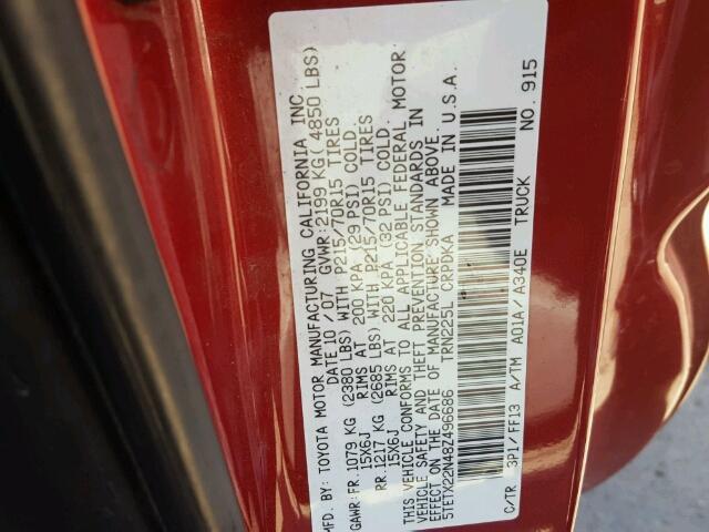 5TETX22N48Z496686 - 2008 TOYOTA TACOMA ACC RED photo 10