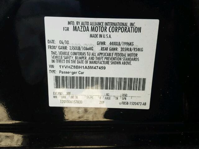 1YVHZ8BH1A5M47459 - 2010 MAZDA 6 BLACK photo 10