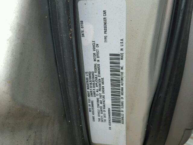 4S3BH625846300904 - 2004 SUBARU LEGACY L S SILVER photo 10