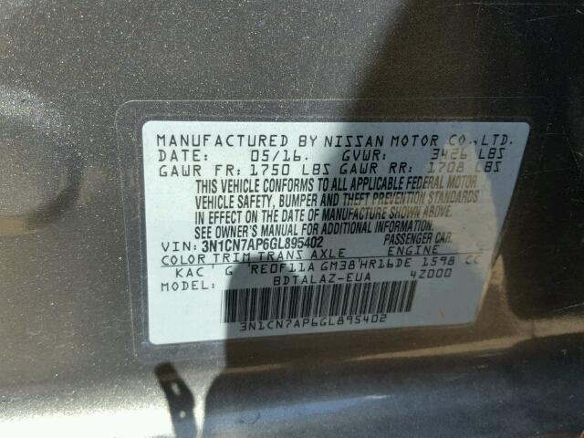 3N1CN7AP6GL895402 - 2016 NISSAN VERSA S GRAY photo 10