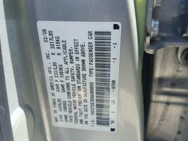 1HGCP26398A089855 - 2008 HONDA ACCORD SILVER photo 10