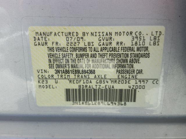 3N1AB61E89L694368 - 2009 NISSAN SENTRA 2.0 SILVER photo 10