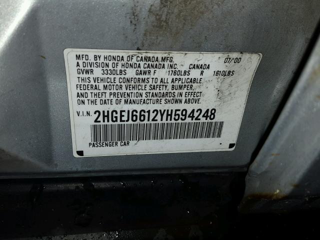 2HGEJ6612YH594248 - 2000 HONDA CIVIC BASE SILVER photo 10