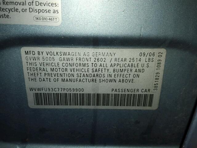 WVWFU93C77P059900 - 2007 VOLKSWAGEN PASSAT BLUE photo 10