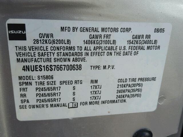 4NUES16S766700638 - 2006 ISUZU ASCENDER S 银色 照片 10