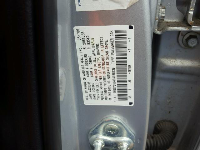 1HGCP26849A158139 - 2009 HONDA ACCORD EXL SILVER photo 10