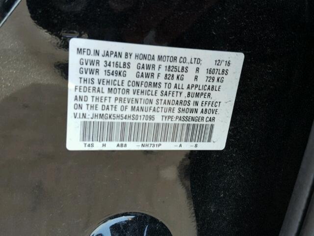 JHMGK5H54HS017095 - 2017 HONDA FIT LX أسود صورة 10