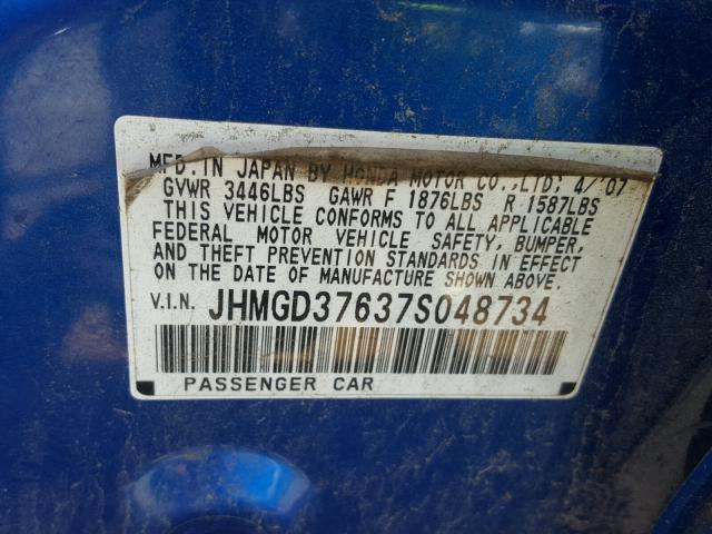 JHMGD37637S048734 - 2007 HONDA FIT S BLUE photo 10