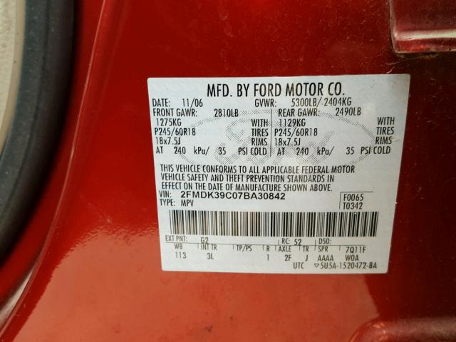 2FMDK39C07BA30842 - 2007 FORD EDGE SEL P RED photo 10