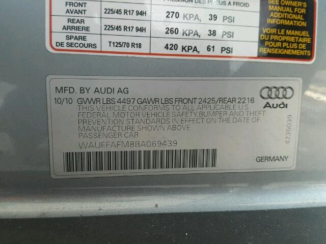 WAUFFAFM8BA069439 - 2011 AUDI A3 2.0 PRE SILVER photo 10