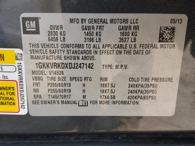 1GKKVRKDXDJ247142 - 2013 GMC ACADIA SLT ნაცრისფერი ფოტო 10