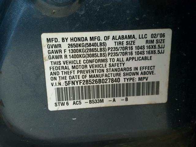 5FNYF28526B027840 - 2006 HONDA PILOT EX BLUE photo 10