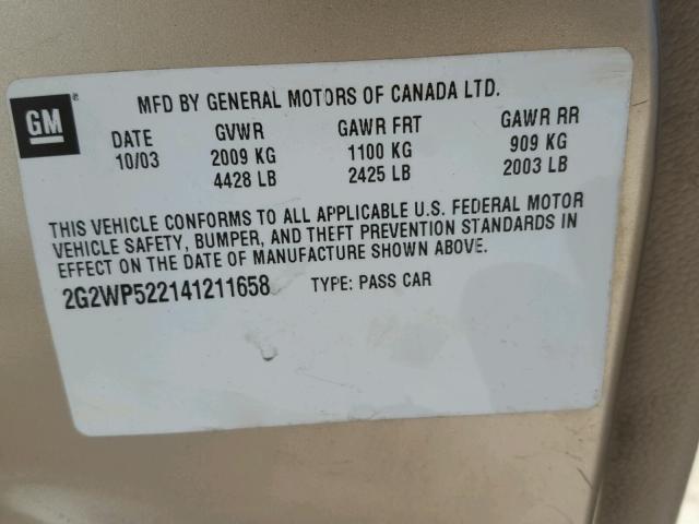 2G2WP522141211658 - 2004 PONTIAC GRAND PRIX GOLD photo 10