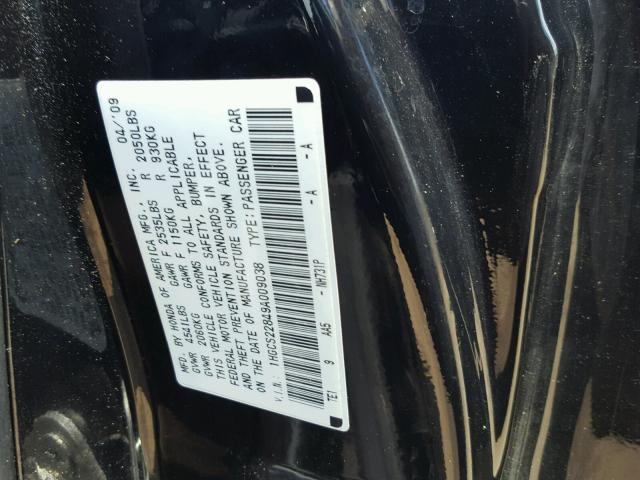 1HGCS22849A009038 - 2009 HONDA ACCORD EXL BLACK photo 10