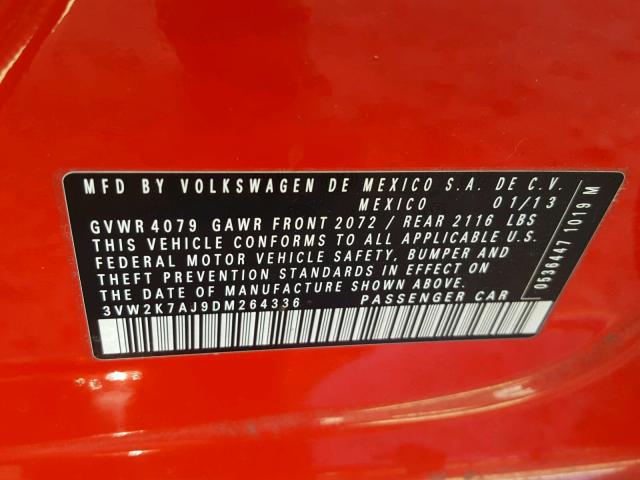 3VW2K7AJ9DM264336 - 2013 VOLKSWAGEN JETTA BASE 红色 照片 10