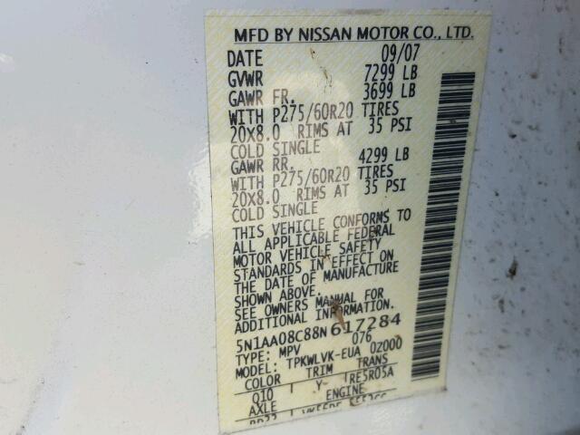 5N1AA08C88N617284 - 2008 NISSAN ARMADA WHITE photo 10