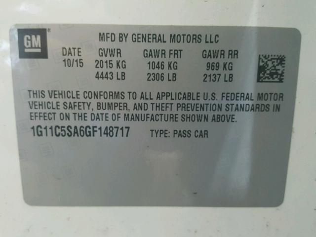 1G11C5SA6GF148717 - 2016 CHEVROLET MALIBU LIM 白色 照片 10