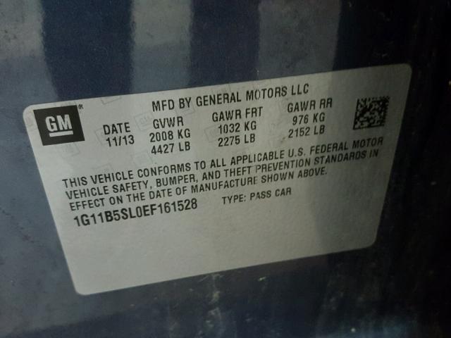 1G11B5SL0EF161528 - 2014 CHEVROLET MALIBU LS BLUE photo 10