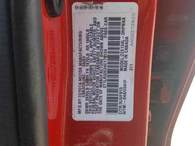 2T1LR32E24C179134 - 2004 TOYOTA COROLLA MA RED photo 10